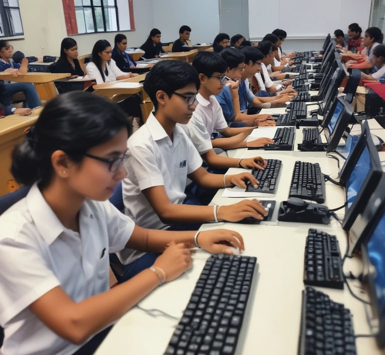 An instructor guiding students through computer training on modern laptops.