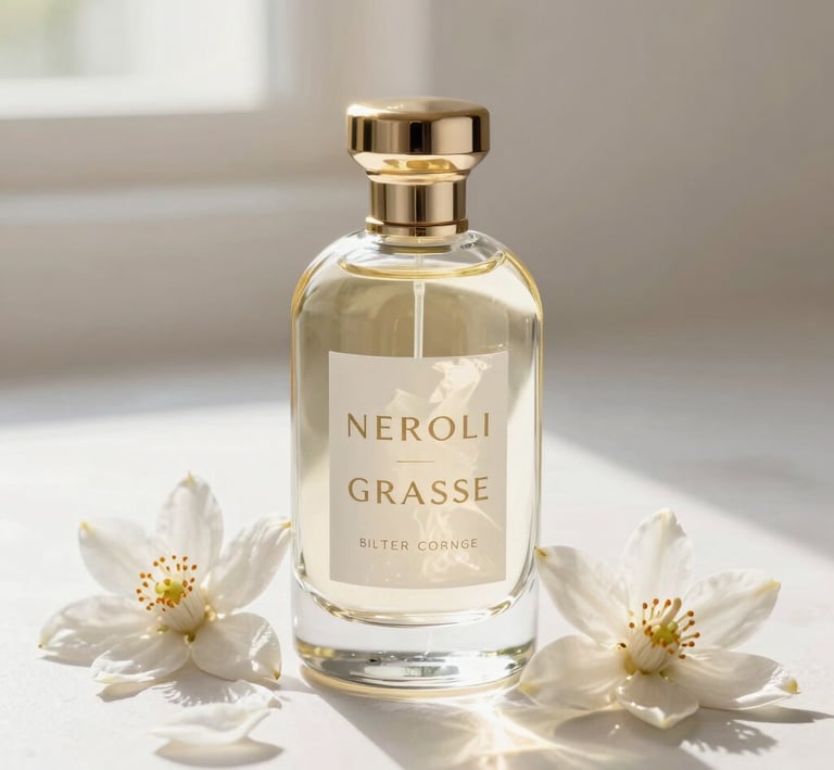 Softly lit white neroli blossoms arranged artfully on a champagne-colored silk fabric.