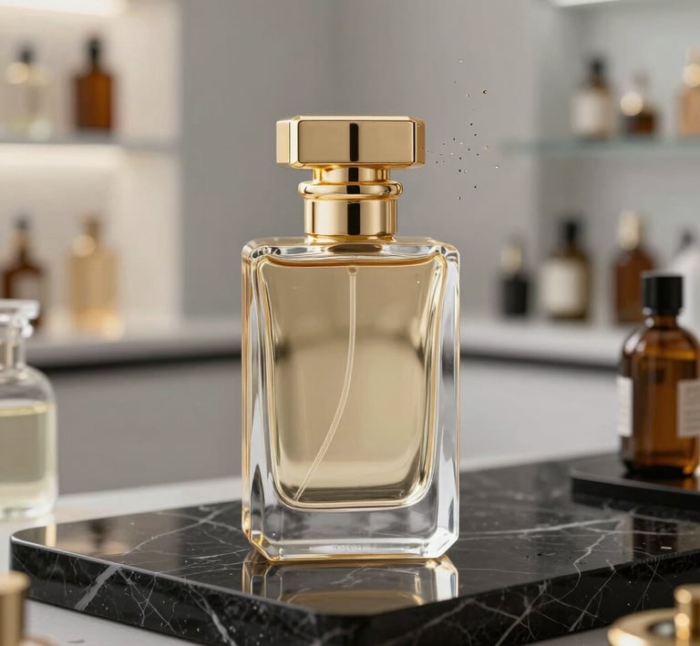Vintage perfume bottles from Grasse, bathed in warm light, reflecting the heritage of perfumery.