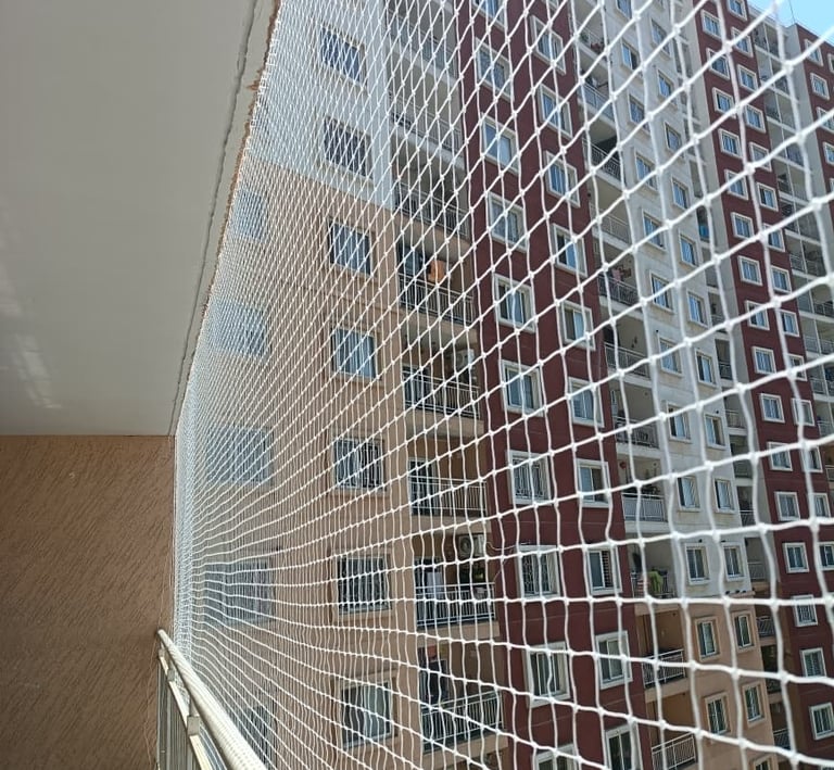 Close-up of durable mesh netting expertly fitted around an apartment window frame to keep pigeons ou