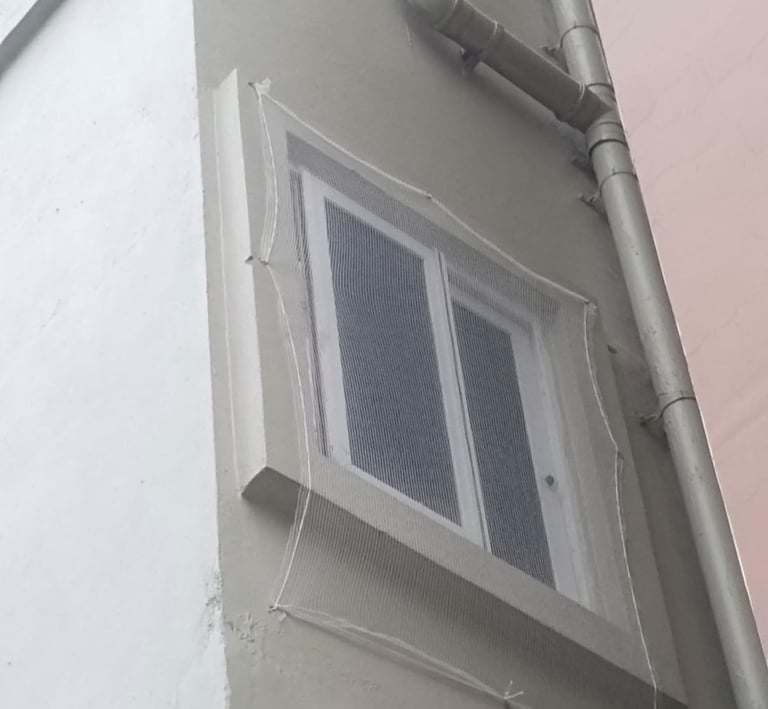 Completed pigeon safety net installation on a residential balcony, blending seamlessly with the surr