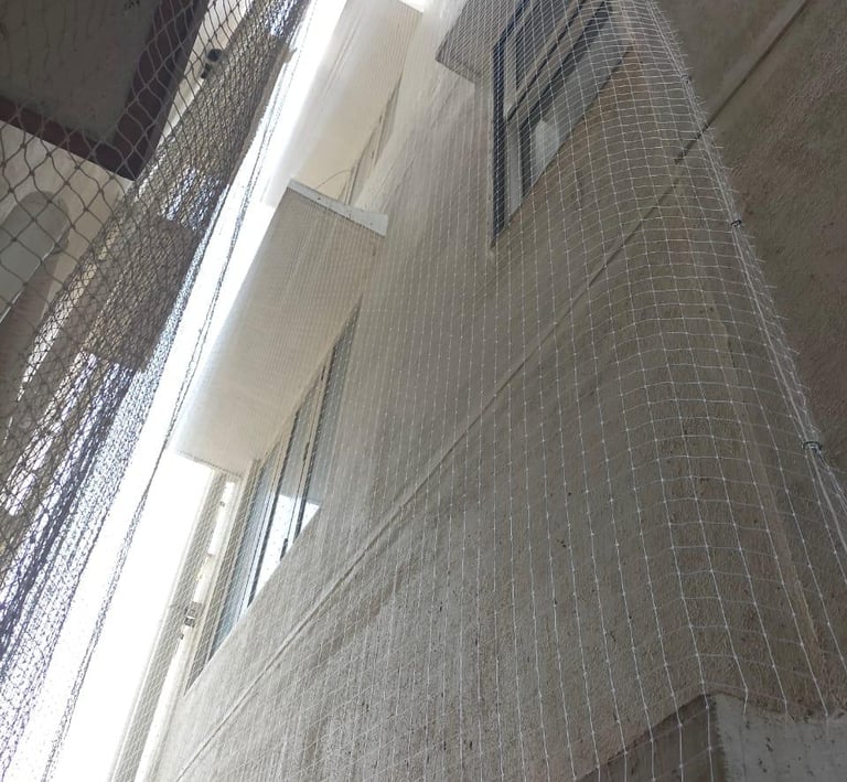 Wide shot of a residential building on OMR with pigeon nets covering all open windows and ledges.