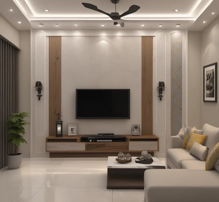 A stylish office corner with built-in shelves and ambient lighting, installed in a Guntur residence.