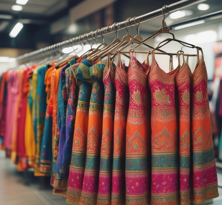 A row of finished garments hanging, including blouses and kids wear, ready for timely delivery.