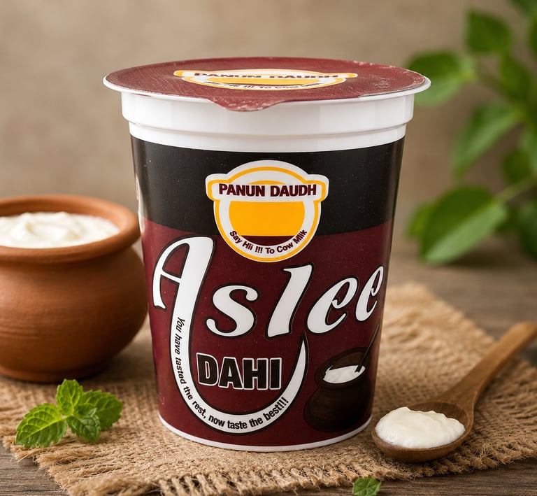 A container of Panun Daudh Aslee Dahi yogurt on burlap with a spoon and clay pot of curd.