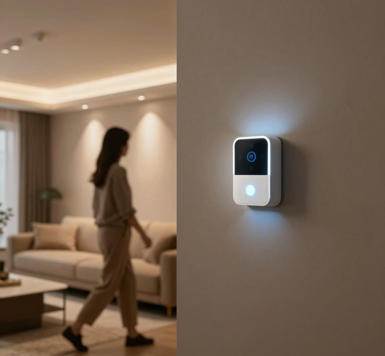 A sleek black and gold smart home gadget glowing softly on a modern wooden table.