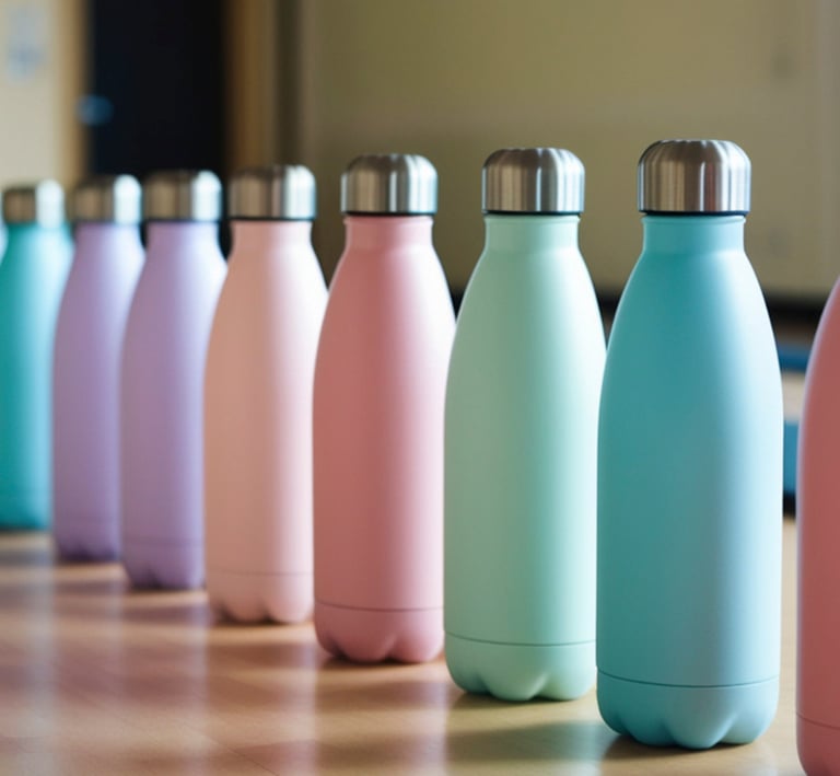 A row of reusable pastel stainless steel water bottles lined up on a gym floor for hydration.