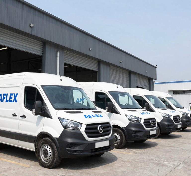 A fleet of Aflex Delivery branded cars lined up outside the company headquarters.