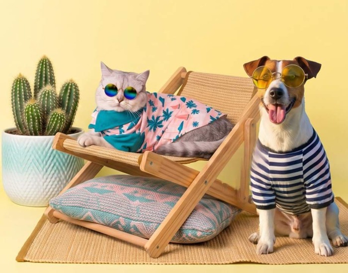 Un gato y un perro elegantes usando gafas de sol y ropa de verano posando junto a un cactus