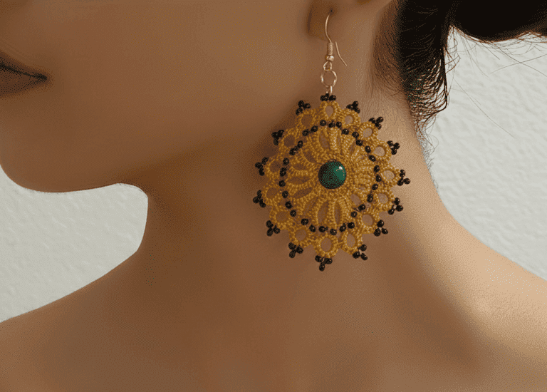 arete amarillo hecho a mano con chaquiras y piedra natural en modelo