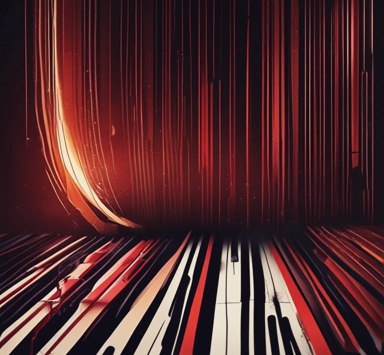 Close-up of hands playing a grand piano under soft, moody lighting.