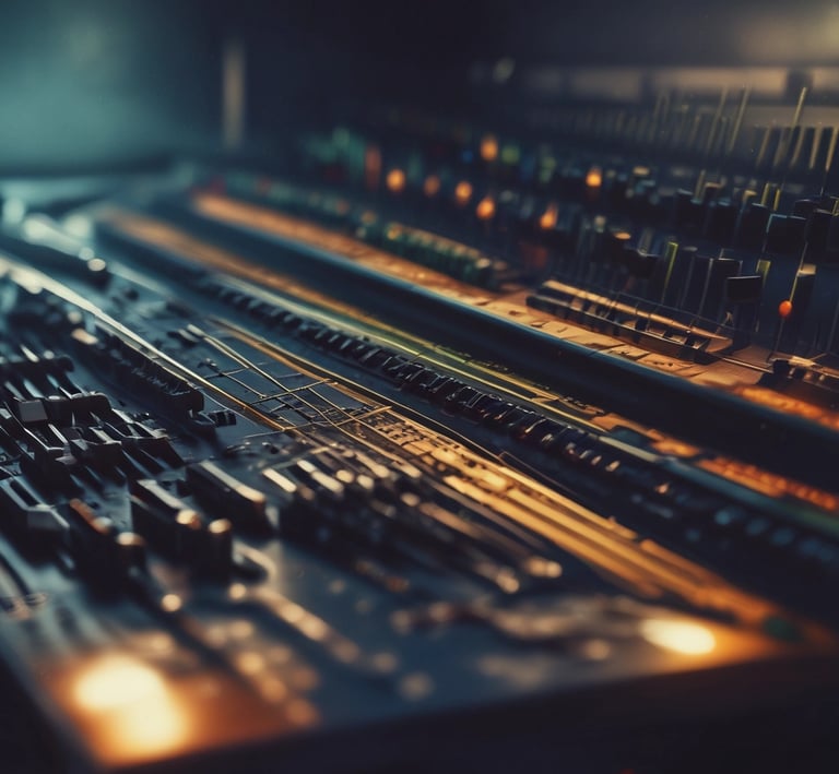 A widescreen shot of a film scoring session with musicians and conductor in a darkened studio.