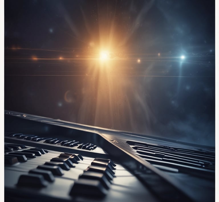 A dimly lit recording studio with vintage instruments and modern mixing equipment, evoking a cinematic atmosphere.