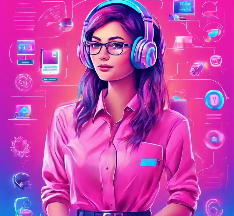 an ai generate image of a woman standing with headphones on for customer services