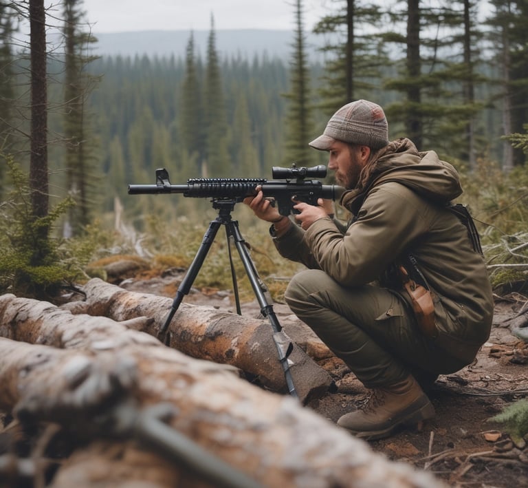 A person wearing a camouflage cap and green long-sleeve shirt is leaning over a metal basket filled with camping or fishing gear. The setting is a wooded outdoor area with a dirt path, surrounded by trees and fallen logs.