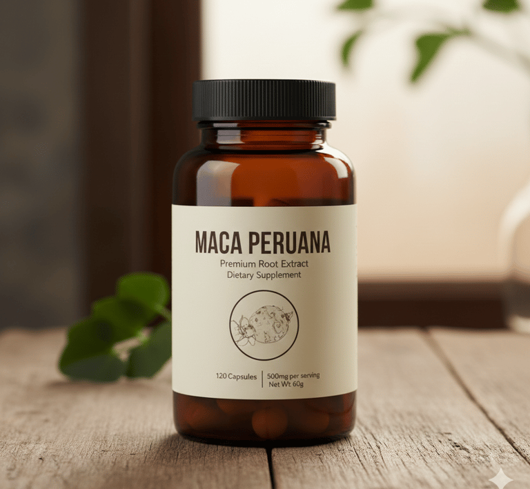 Amber glass bottle of Maca Peruana premium root extract dietary supplement capsules on a wooden table.