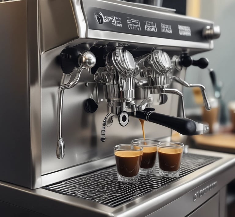 A coffee shop countertop features a modern coffee brewing setup and a container labeled 'Redhats Colombia'. In the background, a large espresso machine is visible next to a stack of saucers. The setting is warm and inviting, with a hand resting on the counter to the right.