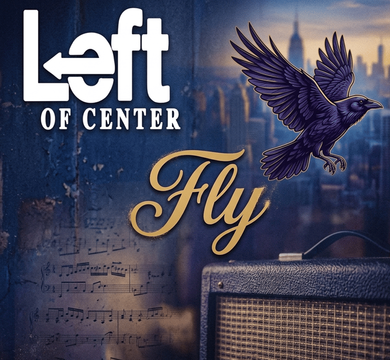 Left of Center Fly album cover featuring a purple raven, music notes, and a guitar amplifier.