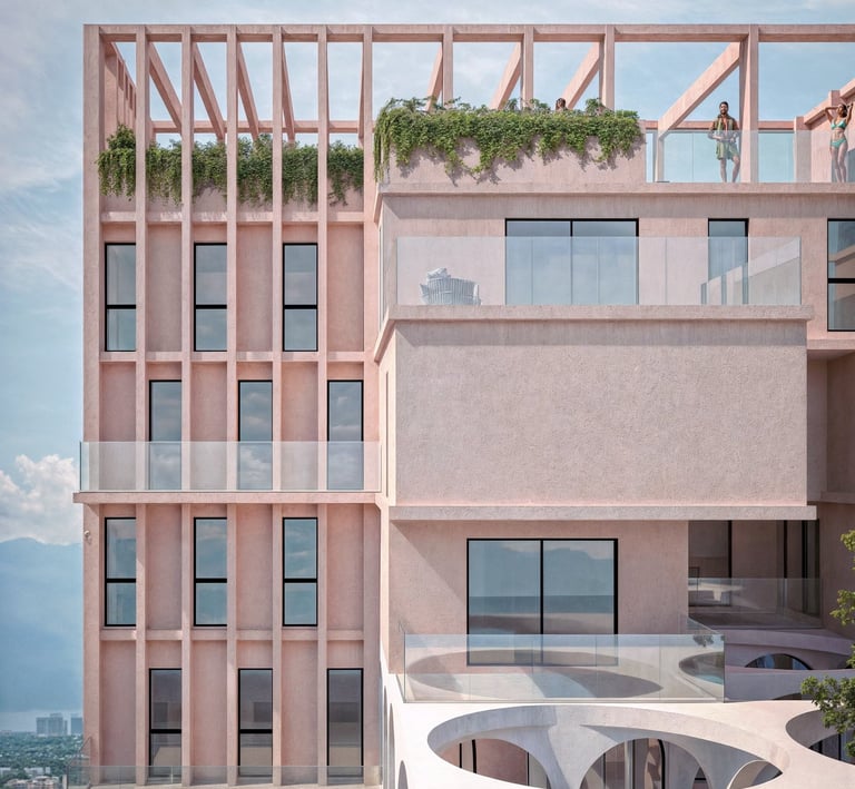 a building with a balcony and a balcony with a view of the city
