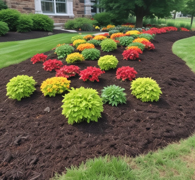 A lush garden landscape featuring a well-maintained green lawn bordered by dense, leafy trees and various flowering plants. Vibrant red flowers stand out against the greenery. Tall trees with sprawling branches frame the upper part of the scene, and sunlight filters through, casting dappled shadows on the ground.