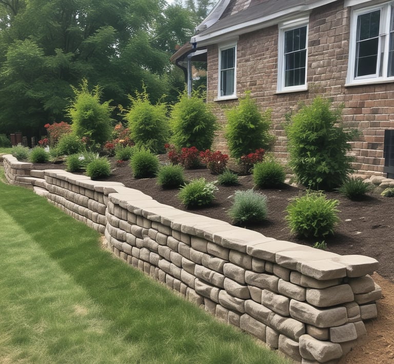 A lush green garden with well-maintained grass and a variety of potted plants. There are two decorative deer statues positioned on the grass. The scene is enriched with solar panels aligned on the right side and a wooden fence in the background. The landscape is set against a backdrop of trees and a clear blue sky.