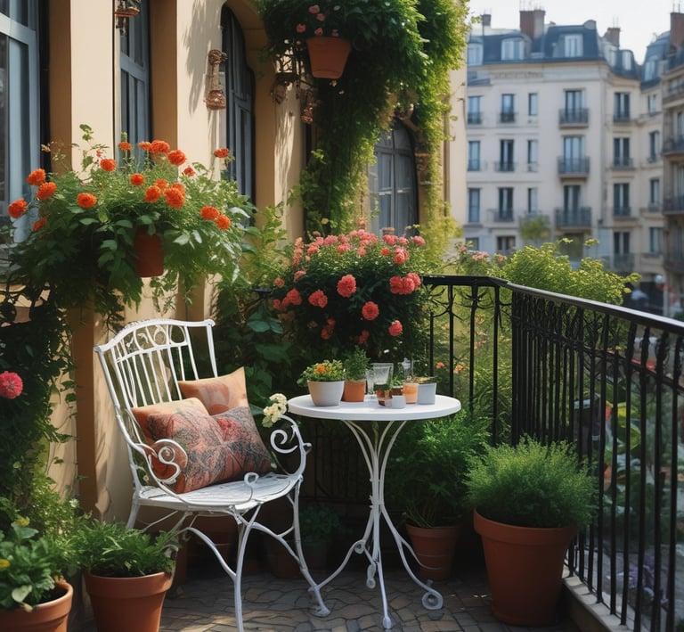 Petit balcon cosy avec mobilier en fer forgé blanc, table ronde, pots de géraniums fleuris.