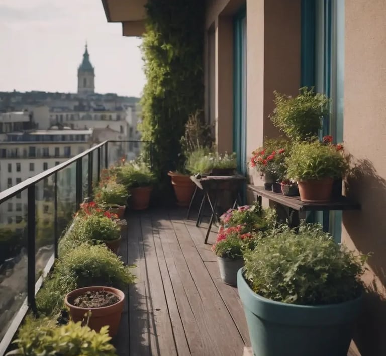 Balcon long et moderne rempli de plantes en pot avec vue panoramique sur les toits de la ville.