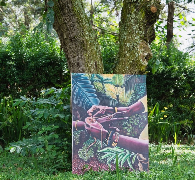 Painting positioned and surrounded by nature