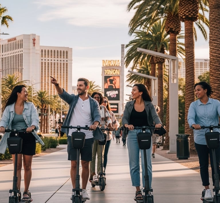 six tourists riding stand up e-scooters on the sidewalk in front of a hotel