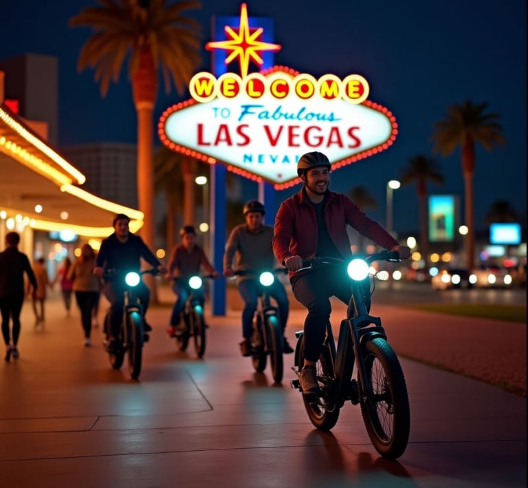 a group of four males on electric bike rides passing by stores