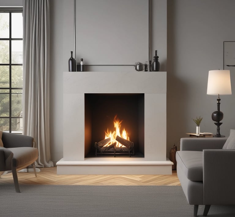 Cheminée moderne et élégante, avec des flammes vives au centre, encadrée par un manteau épuré