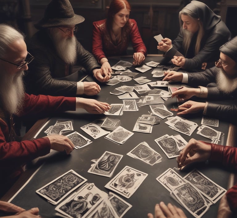 A brick building labeled Witch City Mall is in the background. In the foreground, a fountain with stone pillars and cascading water is surrounded by a small reflective pool. Several people are walking nearby, and a black pickup truck is parked in front. Trees with green foliage are visible, and signage advertising a psychic fair is displayed.