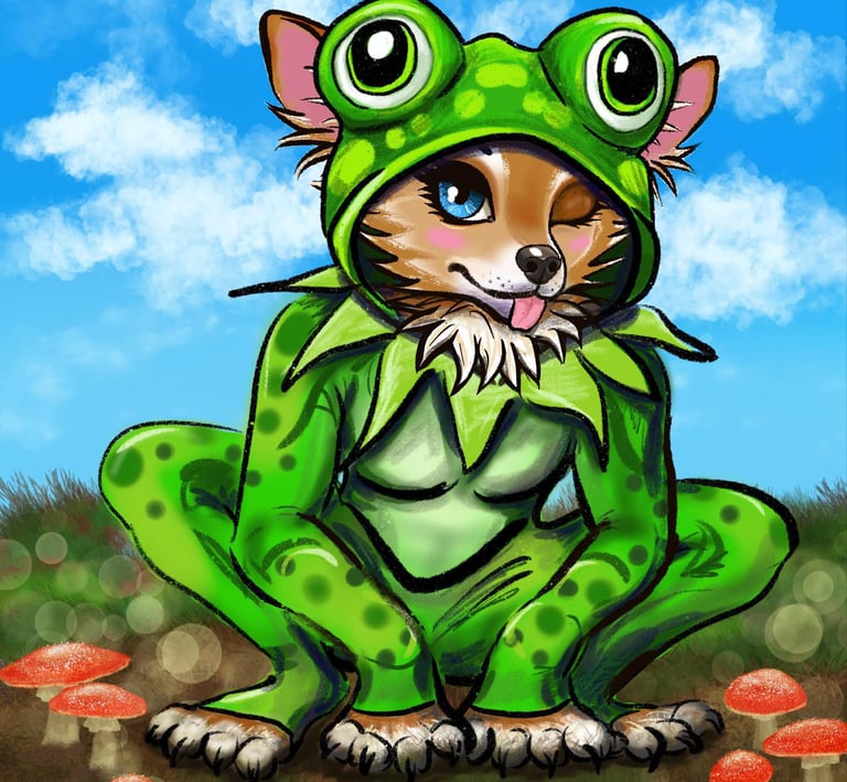 Cute furry character wearing a green frog costume in a field with red mushrooms and blue sky.