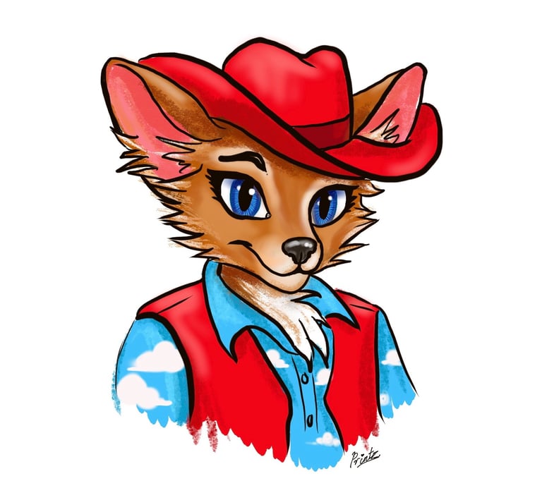Digital illustration of a furry chihuahua fursona wearing a red cowboy hat and vest