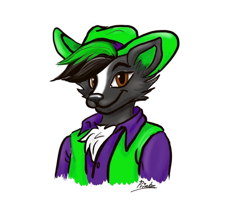 Digital illustration of a skunk furry character wearing a green cowboy hat and vest.