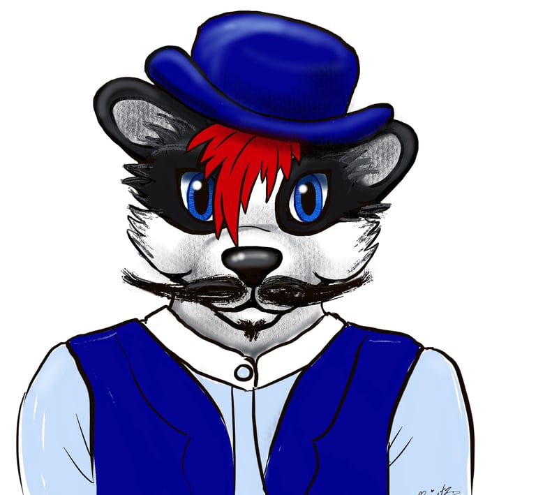 Anthropomorphic skunk furry art featuring a blue bowler hat, red hair, and a black mustache.