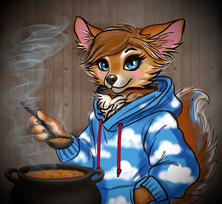Digital furry art of a chihauhua character in a cloud hoodie cooking hot soup in a black cauldron.
