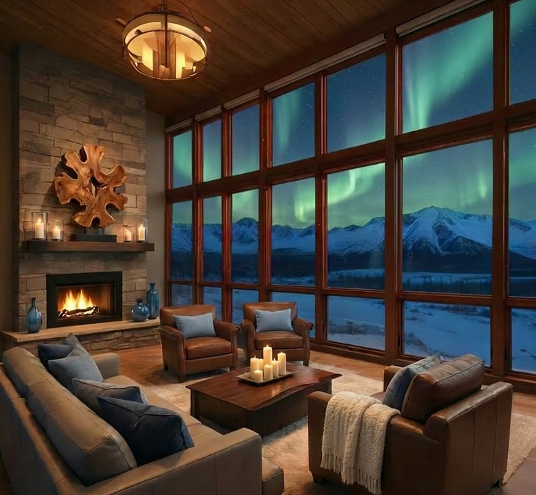 Cozy rustic living room with a fireplace and floor-to-ceiling windows showing the northern lights over snowy mountains.