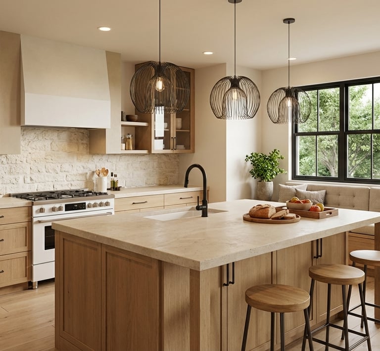 Modern kitchen with light oak cabinets, a large island, stone backsplash, and black pendant lights.