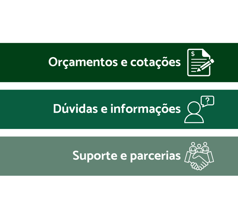 uma placa com orçamento e cotações, dúvidas e informações, suporte e parcerias