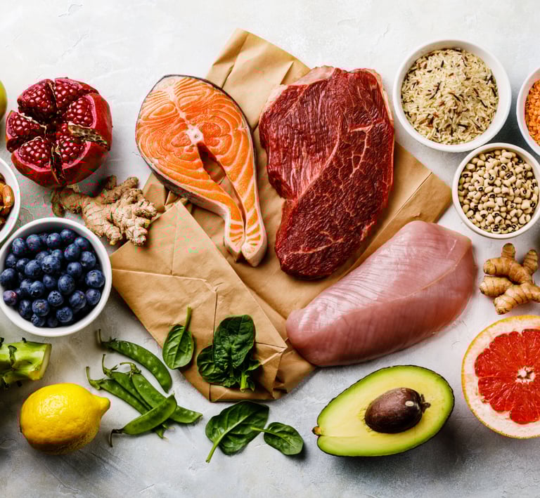 a variety of foods including protein rich meats/nuts, fruits and vegetables