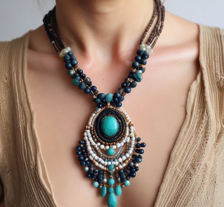 Collar de piedras preciosas naturales sobre el cuello de una mujer joven