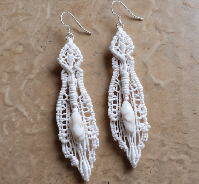 Par de aretes blancos hechos con macramé y piedras naturales