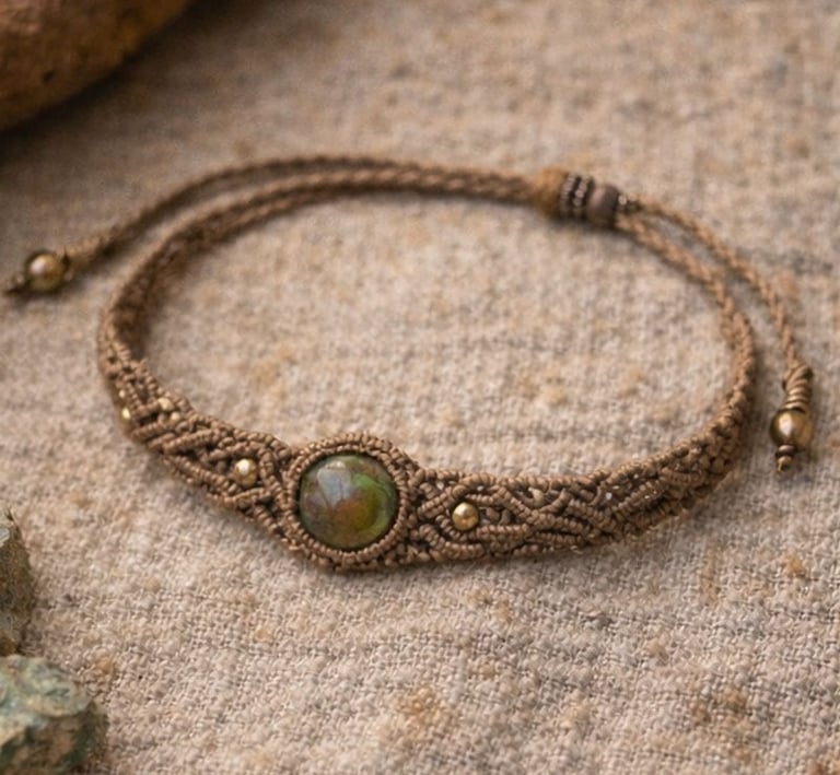 pulsera hecha con macramé y en el centro se muestra una piedra natural