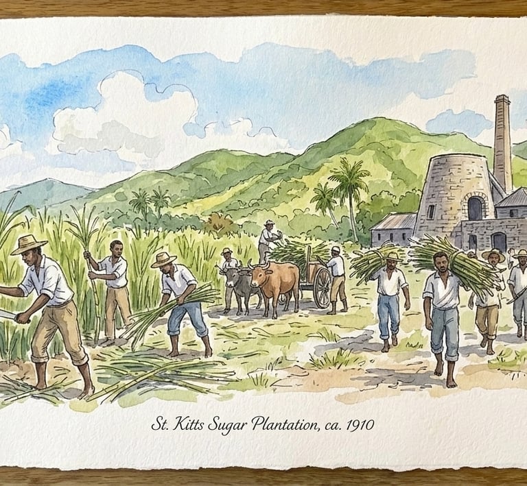 Watercolor illustration of workers harvesting cane on a St. Kitts sugar plantation in 1910.