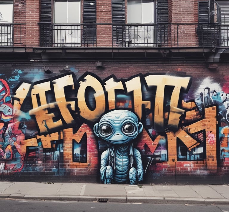 A vibrant graffiti artwork features the words 'Hip Hop' in bold, stylized lettering. The text is highlighted with an orange paint splash and is accompanied by a small silhouette of a person, dynamically depicted in motion. The background consists of blue geometric shapes with black outlining.