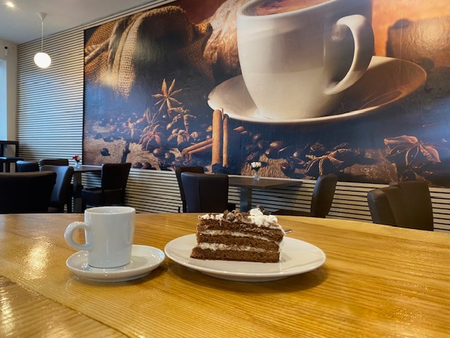 a piece of cake on a table in a restaurant