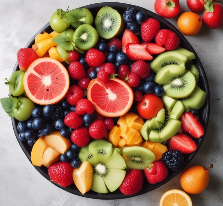 A vibrant assortment of fresh fruits and nuts arranged in a decorative manner, featuring grapes, berries, and assorted nuts accompanied by a floral garnish and a honey dipper.