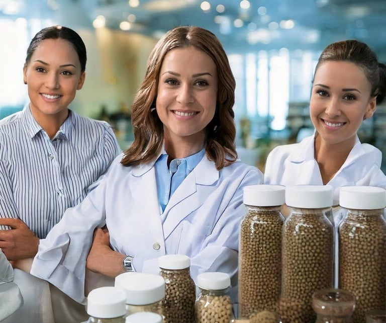 equipo de trabajo en el laboratorio envasando capsulas de reishi y otros hongos medicinales