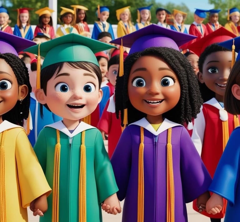 a group of cartoon characters in graduation gowns